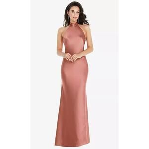 2830 NWT Social 8223 Scarf Tie High-Neck Halter Maxi Slip Dress Desert Rose